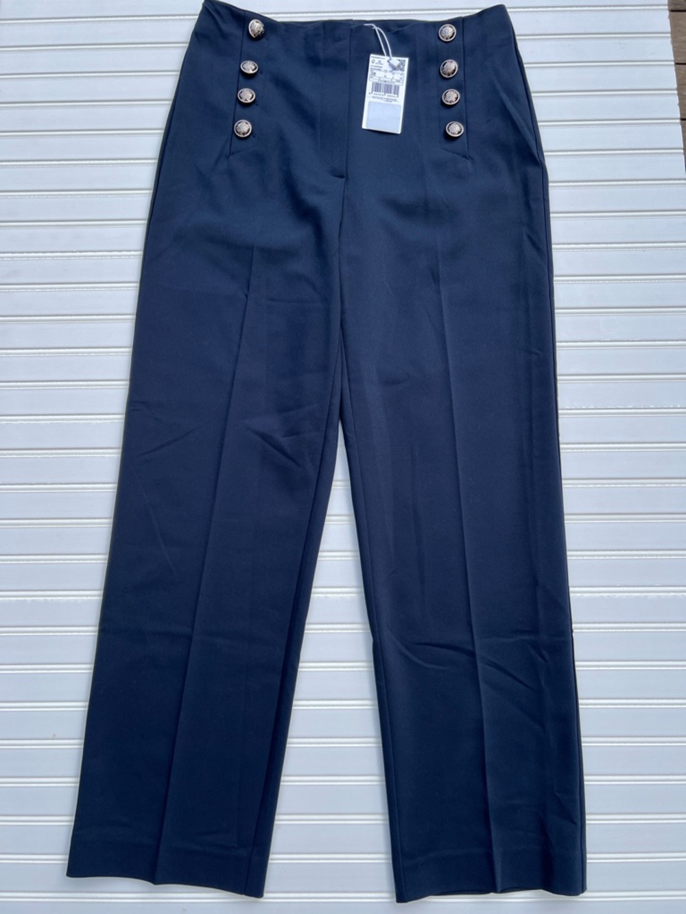 Mango Navy High-Waist Sailor Button Ankle Pants